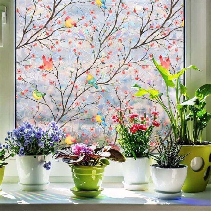 Film décoratif pour fenêtre motif oiseaux printaniers et fleurs autocollant statique double face pour fenêtre maison bureau s