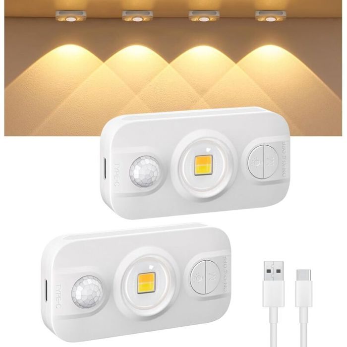 Lot de 2 mini lampes LED sous meuble de cuisine avec détecteur de mouvement USB-C rechargeable lumière LED blanc chaud int