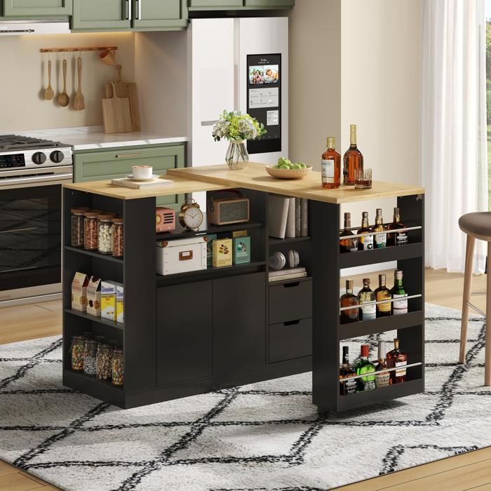 Îlot de cuisine moderne et minimaliste avec plan de travail extensible et rangements ouverts idéal pour salle à manger/salon noir.