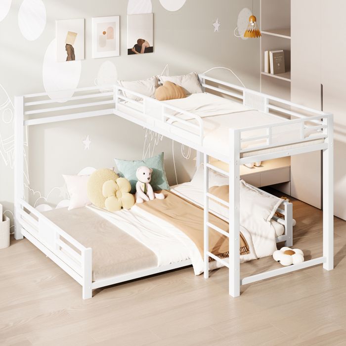 Lit Superposé 90×200/140×200cm Lit 2/3 Places avec Barrière Escalier 2 Sommiers Inclus-Blanc