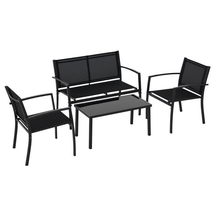 Salon de jardin extérieur - Outsunny - 4 pièces avec canapé 2 places 2 chaises table basse en verre trempé coussins inclus - noir
