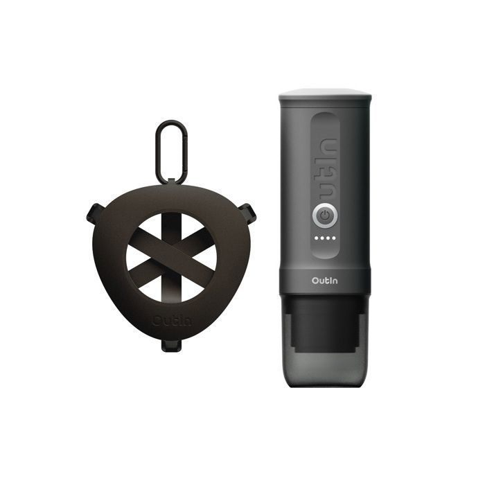 OUTIN Kit Nano Machine &agrave; Expresso Electrique Portable + Support Portable - Gris Sid&eacute;ral - Camping, Voyage