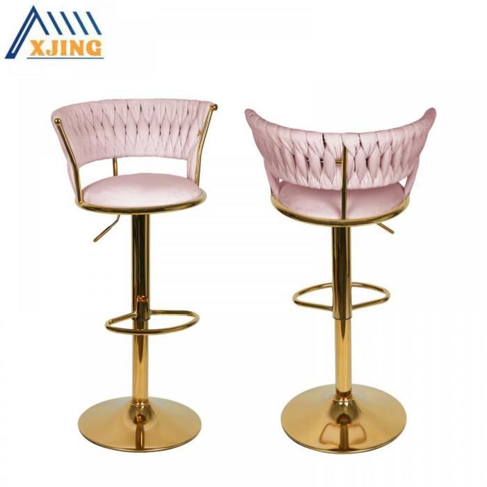 XJING Lot de 2 tabourets de bar en velours-Tabourets de bar modernes en velours-Pieds en métal-Dossier tressé-Hauteur réglable