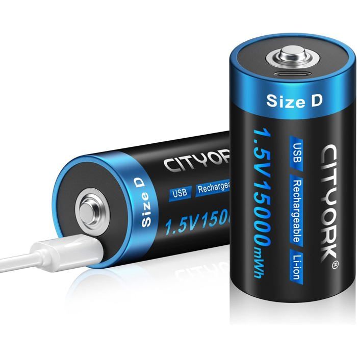Lot de 2 piles rechargeables D Cell haute capacité 1 5V 15 000 mWh au lithium D par USB avec câble de charge de type C
