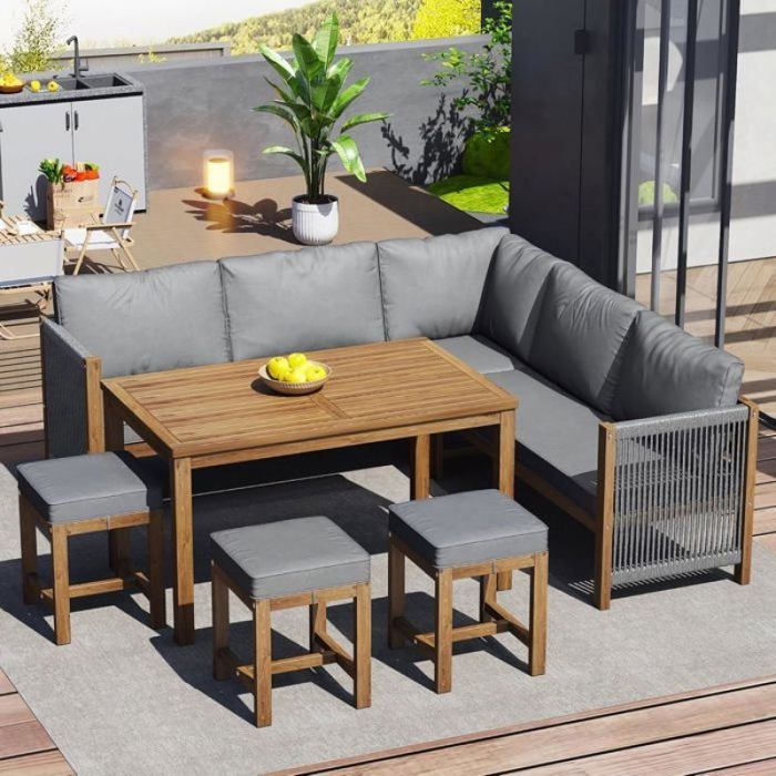 tables et chaises de jardin extérieur pour 7 à 8 personnes-doté de table à manger et tabourets-en acacia - pour jardin-balcon-terr