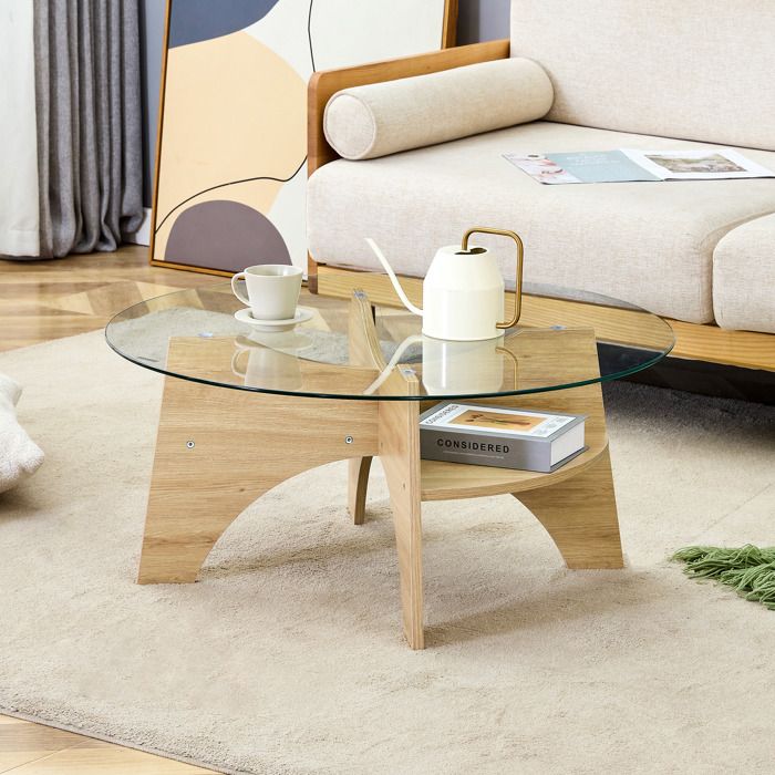 Table basse ronde 80x80x36 cm avec plateau en verre rangement structure en MDF couleur bois