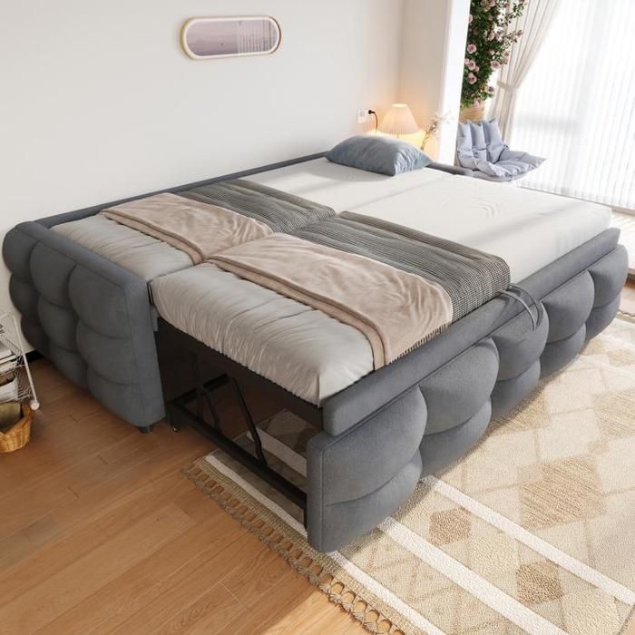 Canapé-lit convertible 90/180 × 190 cm avec sommier à lattes Cadre de lit 1 Personne avec lit gigogne Tissu velours Teddy Gris