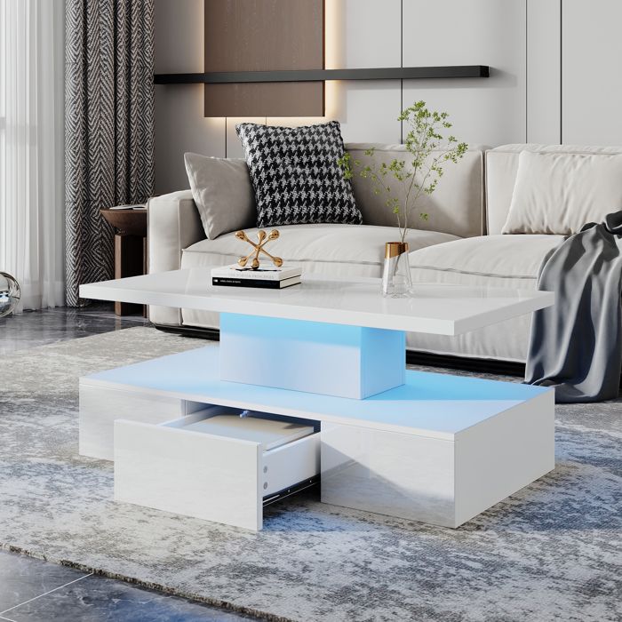 Table basse blanche 100 x 50 x 39 cm avec LED par appli niche ouverte et tiroir finition brillante