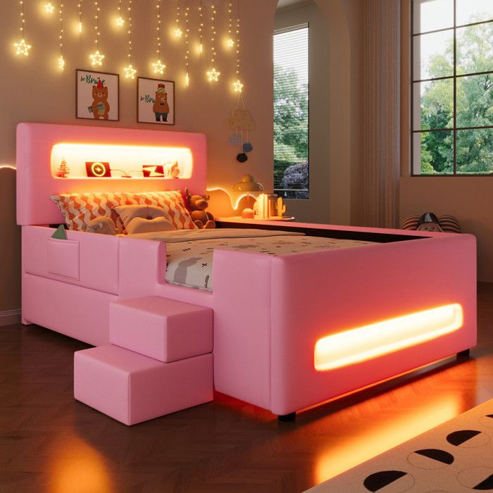 Lit enfant 90x200 avec LED et USB poches rangement Lit plateforme capitonné avec escalier et tiroirs Rose(Sans Matelas)