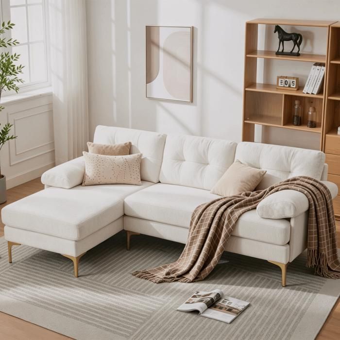 Canapé dangle forme L 1875 cm avec 3 coussins fonction relax convertible tissu chenille gris pieds en méta pour salon - Beige