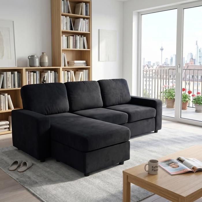 Canapé dangle avec rangement - Noir - 2455 cm - Ottomane 1505 cm - Ressorts ensachés - Housses amovibles