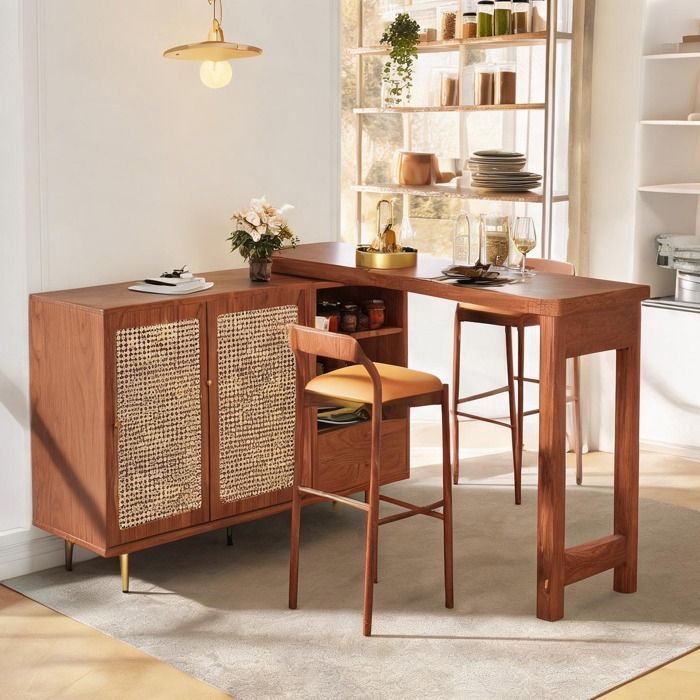 Table haute de bar extensible et rotative 360° MDF wood-tone brown 107-187 cm rangement inclus
