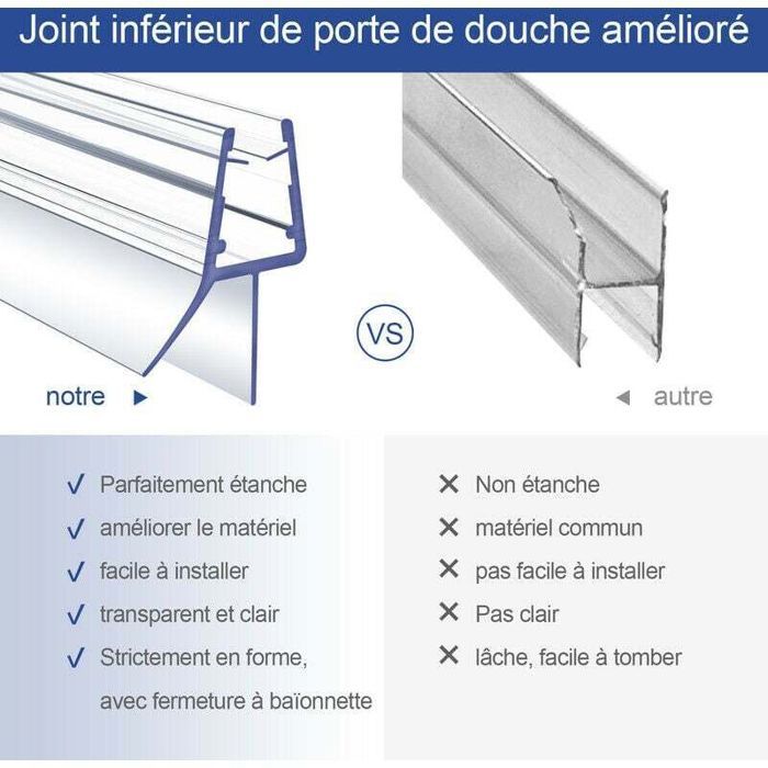 Joint de douche - PZCC - 50 cm - Étanchéité PVC - Pour portes vitrées 4-6 mm - Installation facile