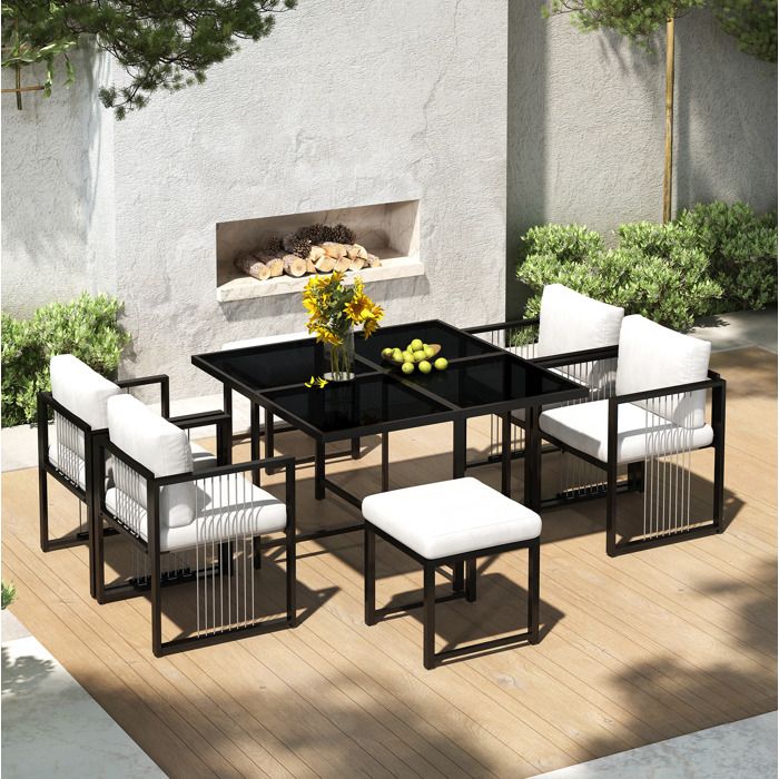 COVREO Salon de jardin repas 7 pièces 6 personnes table carrée 117 x 117 cm en verre trempé noir