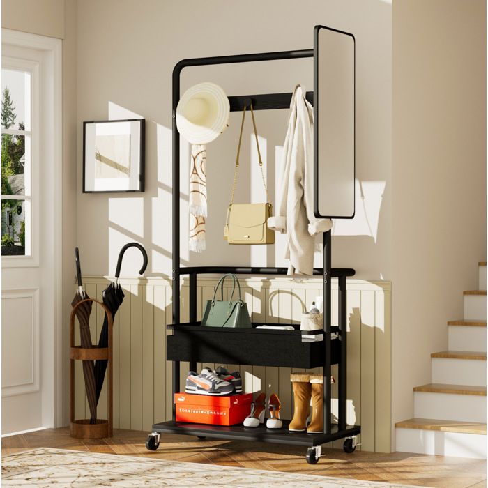 Meuble rangement vestiaire dentrée mobile 3 en 1 avec miroir portant à vêtements sur roulettes noir 70 x 40 x 170 cm ORVRYN