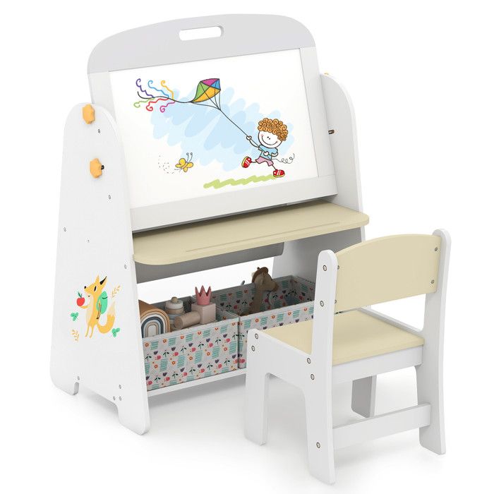 Bois MDF et pin ensemble table et chaise enfant 4-en-1 avec chevalet double face pour dessin et lecture