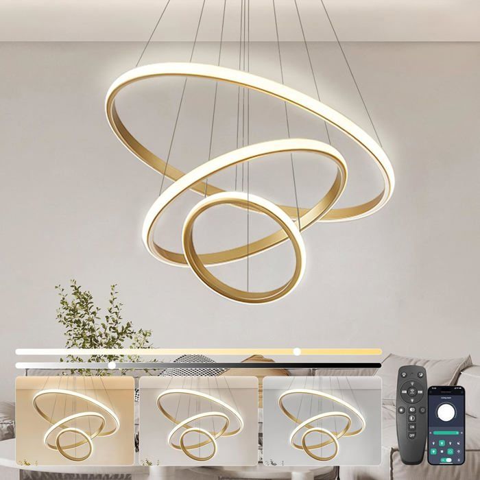Lustre Salon 3 Anneaux Moderne 45W Suspension Led Salon Luminaire Chambre Dimmables Lampe Suspension Avec Télécommande & App[BI94]