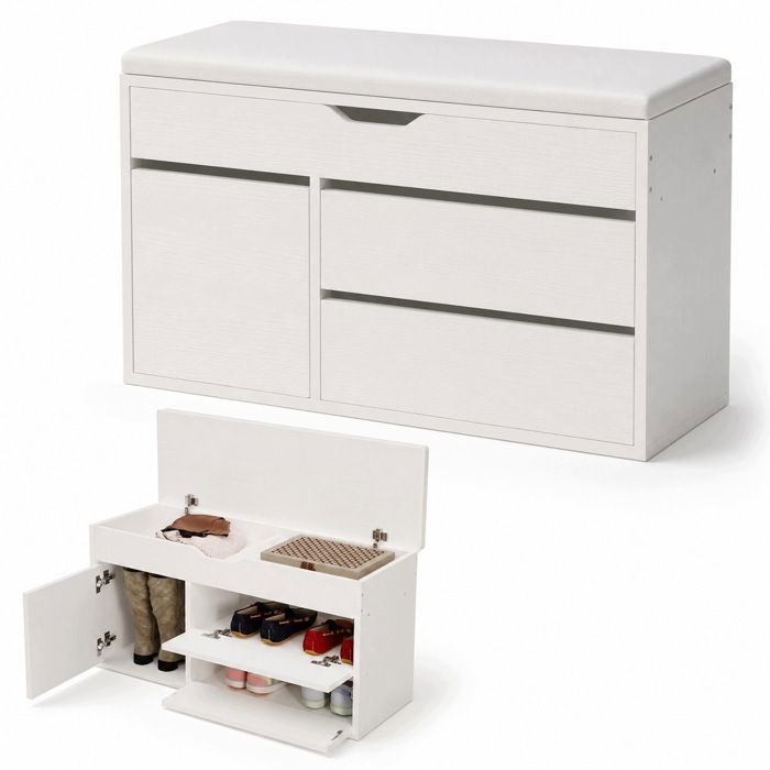 Meuble à chaussures avec siège en bois rangement étagères à ouverture blanc 80 cm