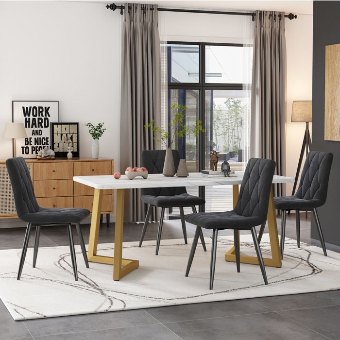 Table repas rectangulaire 117x68 cm avec 4 chaises plateau effet marbre blanc velours gris pieds métal doré VEVXYN