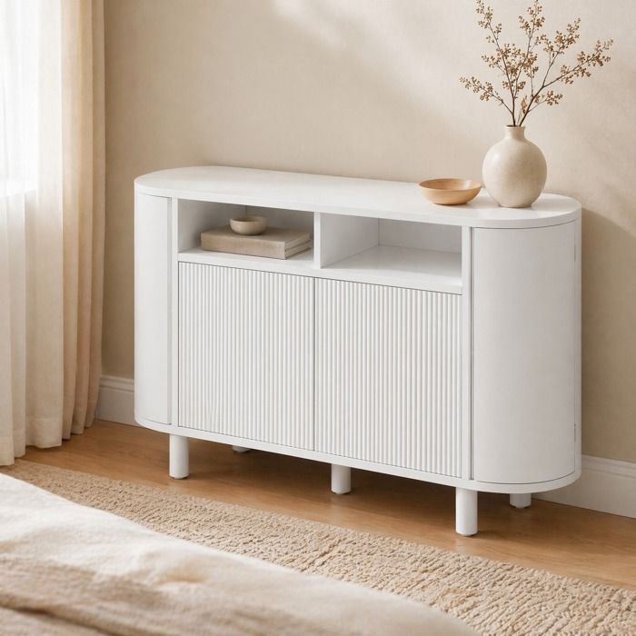 Buffet bas blanc 120 cm MDF avec rangement ouvert et fermé étagères réglables et pieds réglables VEVXYN
