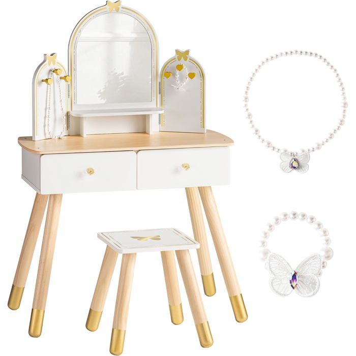 ROBUD Coiffeuse Enfant Blanche avec Miroir Papillon et Tabouret Table de Maquillage Fille avec 2 Tiroirs dès 3 Ans