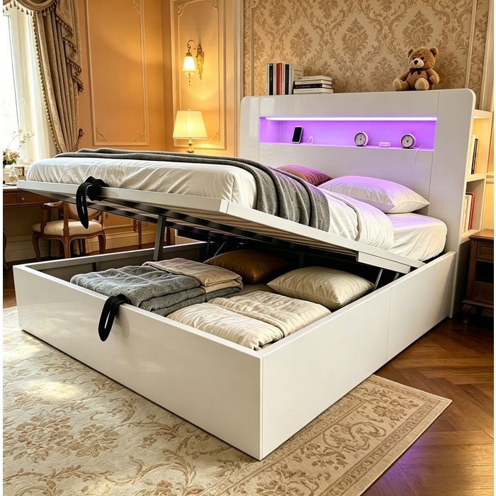 Lit plateforme blanc 140 x 200 cm avec coffre hydraulique tête de lit LED rangements intégrés et prises