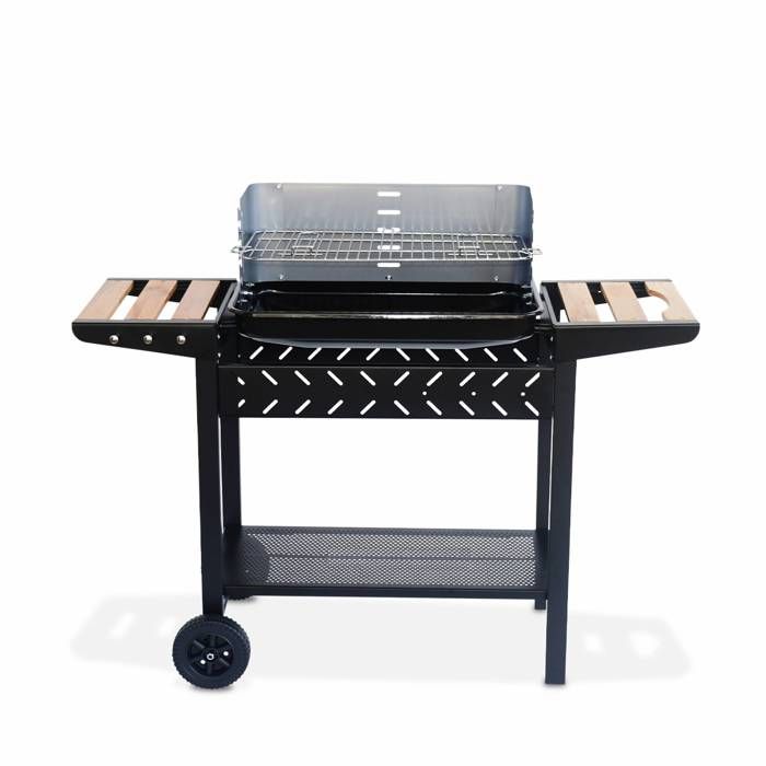 Barbecue au charbon - Alfred - Noir et gris, hauteur de grille ajustable, cuve émaillée, tablettes en bois, étagère et crochets