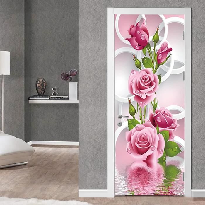 Cercle Rose Fleur Autocollant Porte Affiche 3D pour Cuisine Chambre Salle  de Bain Auto-adhésif Amovible Murale Décoration 77X200cm - Cdiscount Maison