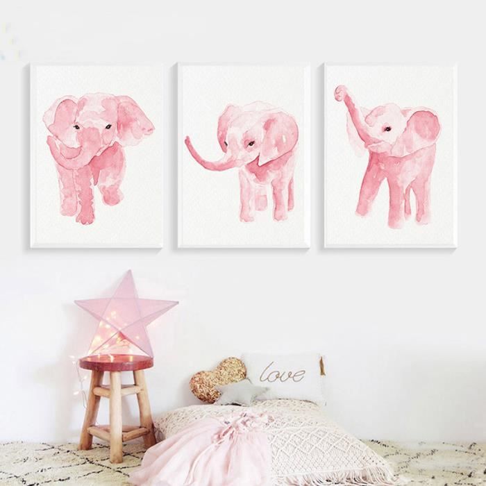 Sans Cadre 3 Pieces Toile Blush Rose Elephant Imprime Nursery Bebe