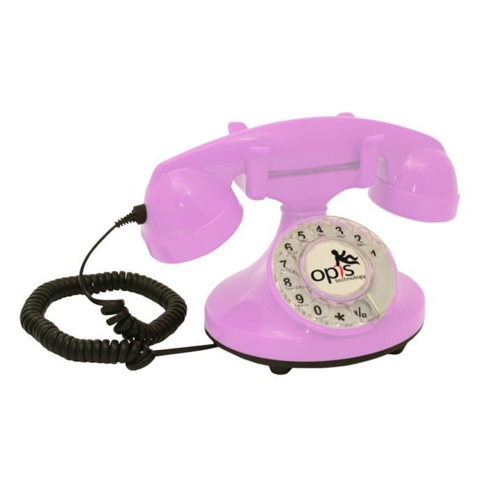 OPIS FunkyFon cable ancien téléphone avec technologie et sonnerie électronique moderne rose Téléphone filaire à cadran rotatif au style sinueux des années 1920 