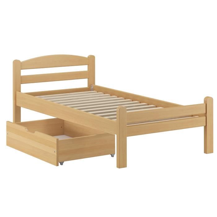 Lit simple en hêtre massif naturel 90x200 - ERST-HOLZ - V-60.45-09 - Sommier à lattes et tiroir inclus Lit simple en hêtre massif naturel 90x200 - ERST-HOLZ - V-60.45-09 - Sommier à lattes et tiroir inclus