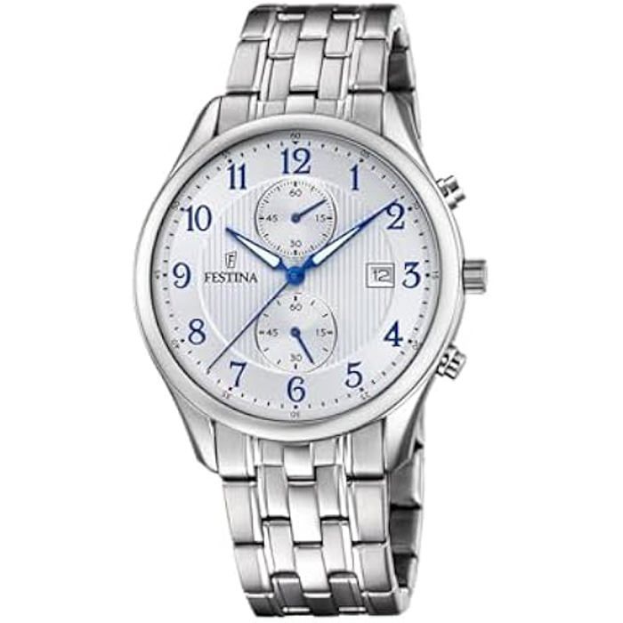 Montre pour Homme FESTINA Timeless Chronograph - Boîtier et Bracelet en Acier Inoxydable 316l - Argenté Blanc