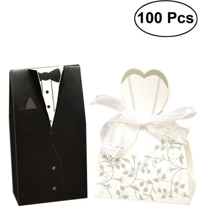 50 PCS Boîtes à Dragées Blanches 5x5x7cm - Faveurs Mariage & Baptême Avec Rubans Et Sac - Décoration Élégante