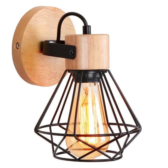 IDEGU Applique Murale Industrielle 16CM Vintage Lampe Murale Interieur en Bois Fer Rétro Réglable E27 Éclairage Mural Noir pour