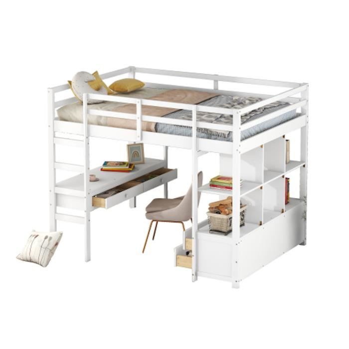 Lit mezzanine 140x200 cm avec tiroirs de rangement, bureau sous le lit et protection contre les chutes, blanc
