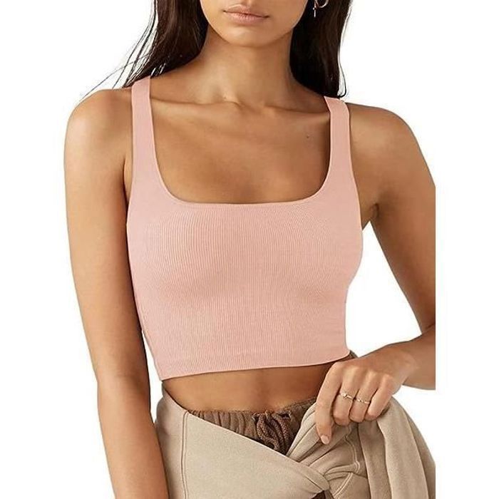 Debardeur Femme Crop Top Sexy Crop Tank Tops sans Manches a Col Carre Cotele Sports Camisole Cropped Cotele Ete Basiques rose Rose Cdiscount Pret a Porter