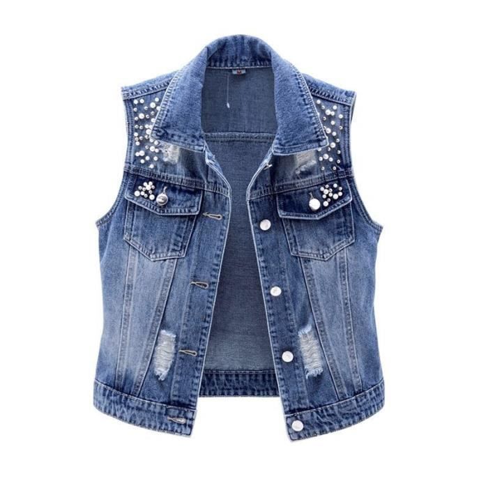 Veste en jean de luxe pour femme manteau court femme gilet decontracte perle email denim rabattu mode automne Bleu A99862 Blanc Cdiscount Pret a Porter
