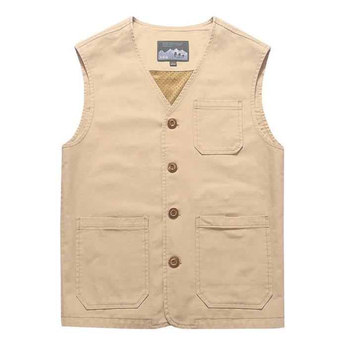 Gilet Multi poches en Coton Homme Veste Sans Manches Col V Couleur Unie Beige Beige Cdiscount Pret a Porter