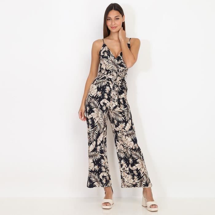 Combinaison pantalon bleu marine imprim tropical beige Bleu