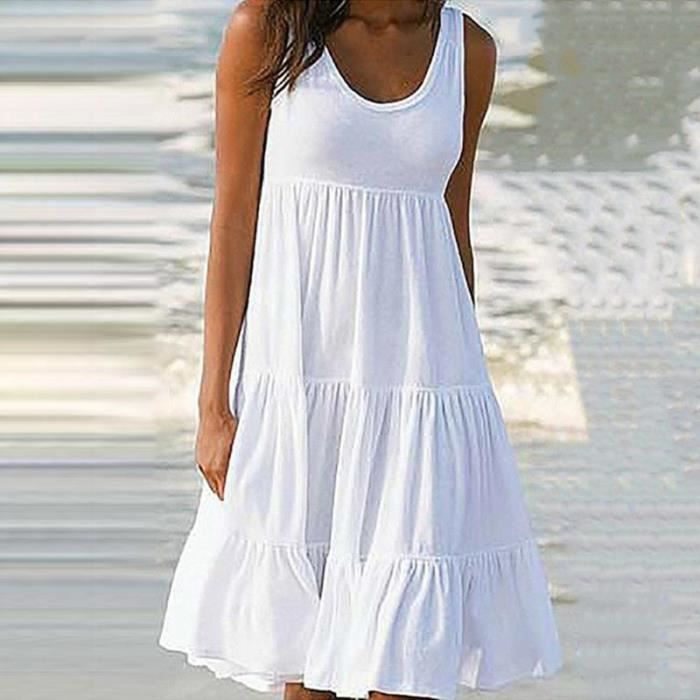 Robe blanche a bretelles Spaghetti pour femmes decontractee douce col en V longueur aux genoux grande balancoire robe de pla Blanc Cdiscount Pret a Porter