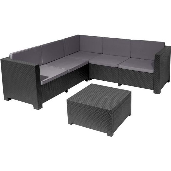 Salon de Jardin de 5 places en résine tressée coloris anthracite( 2 canapés + table basse) Salon de Jardin de 5 places en résine tressée coloris anthracite( 2 canapés + table basse)