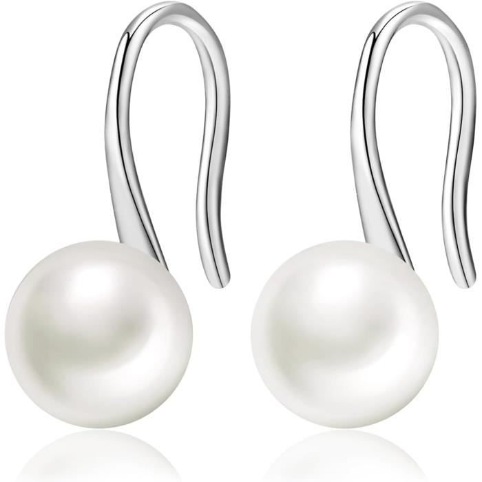Boucles D'oreilles Pendantes En Argent 925 Avec Perle Blanche - 10mm - Bijoux Femme élégant Pour Toutes Occasions
