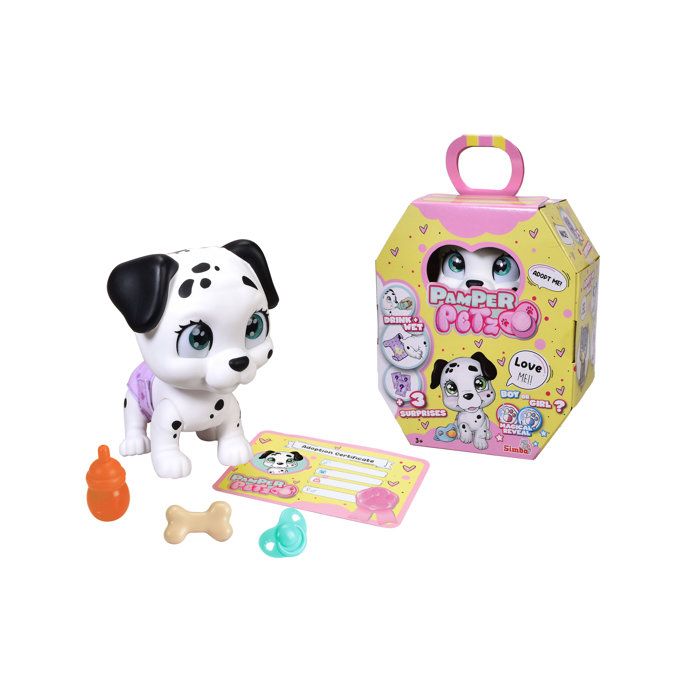 Smoby Pamper Petz Dalmatien à adopter 4 accessoires Articulé Bois et fais pipi Certificat dadoption Dès