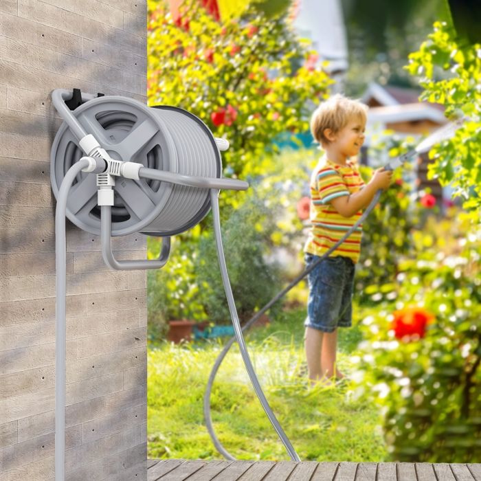 Dévidoir Tuyau Arrosage Outsunny 20m - Avec Buse Réglable Jet/douche - Montage Mural Ou Sol - Manivelle Facile
