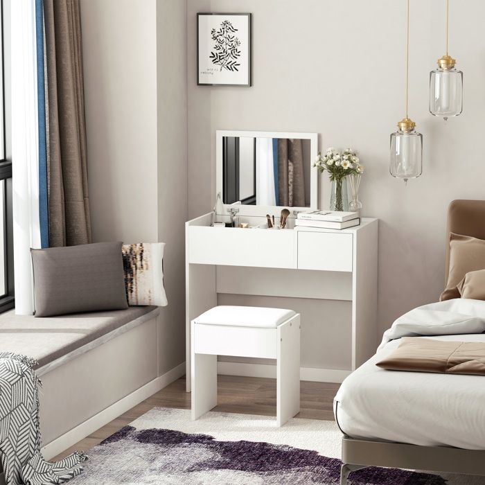 Coiffeuse Avec Miroir LED Hollywood Et Tabouret - 7 Tiroirs - Blanc - HOMCOM