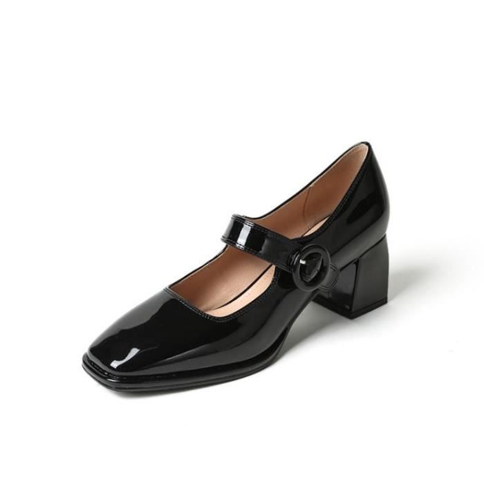 LOVOUO Escarpins Mary Jane Femme - Talon Bloc 9cm Avec Plateforme - Cuir Verni & Boucle - Noir/Blanc/Multiples Couleurs