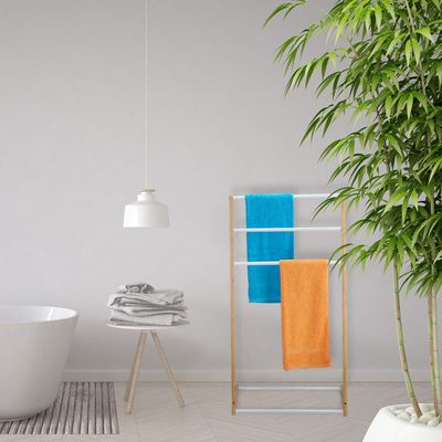 Porte-Serviettes Sur Pied Relaxdays - Bambou 3 Barres - Étagère Salle De Bain Sans Perçage - 78x53x24 Cm