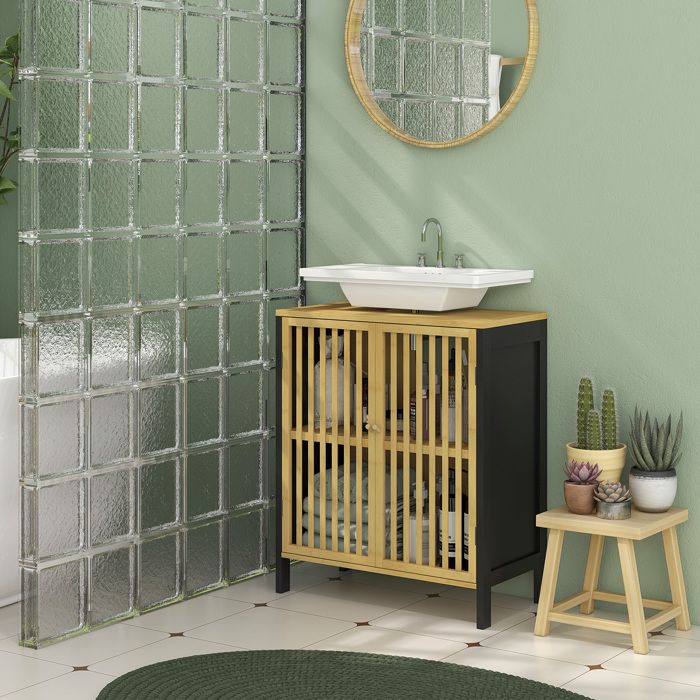 Meuble De Lavabo En Bambou SogesPower - Meuble Bas Salle De Bain Avec Portes Et Étagères