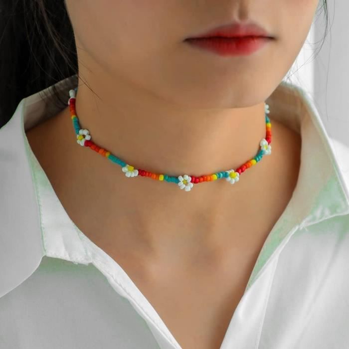 Collier Perles Colorées Bohème - 36,5 Cm - Léger & Délicat - Pour Quotidien & Occasions Spéciales