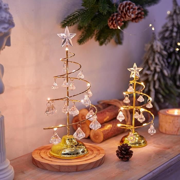 Lot De 4 Mini Sapins De Noël En Cristal Lumineux - LED, Avec Oiseau Rotatif, Décorations De Table - 3